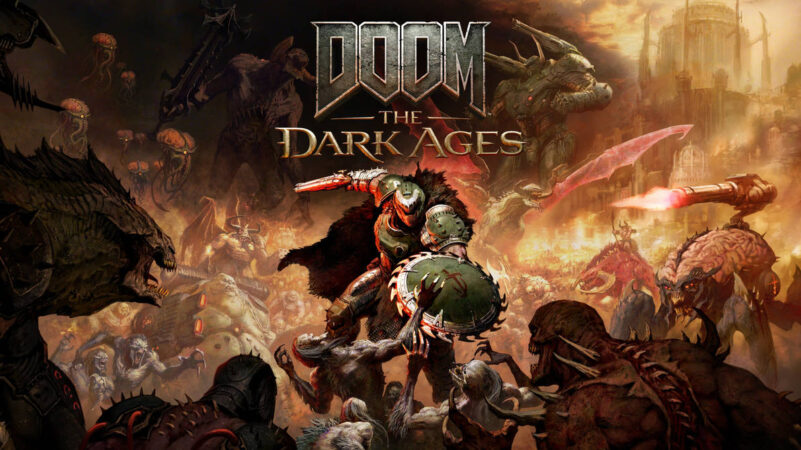 Arte oficial de DOOM: The Dark Ages com o protagonista em armadura medieval futurista em um cenário infernal — ideal para ilustrar conteúdo sobre DOOM The Dark Ages