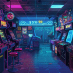 Ilustração digital de um fliperama retrô com máquinas de arcade coloridas, luzes neon e estética dos anos 80/90, representando o universo dos jogos retrô.