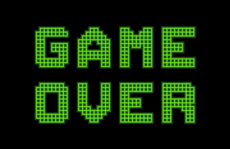 Tela de game over em estilo retrô em verde neon sobre fundo preto. 