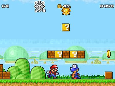 Cena pixelada do jogo Super Mario, com Mario enfrentando um inimigo em um cenário colorido de blocos, moedas e arbustos