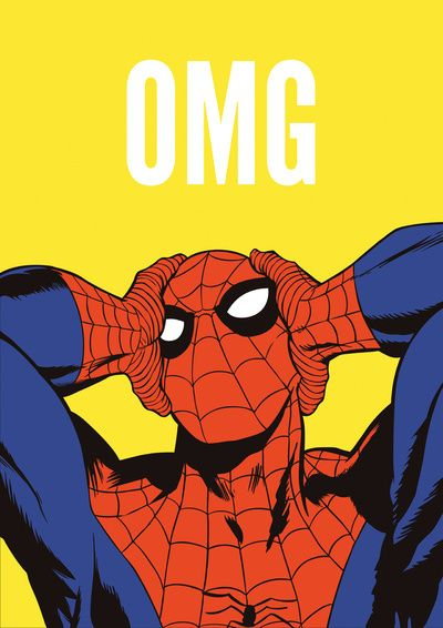 Ilustração em estilo pop art do Homem-Aranha com as mãos na cabeça e a expressão 'OMG' acima, em fundo amarelo vibrante — representação divertida do universo do mundo geek.