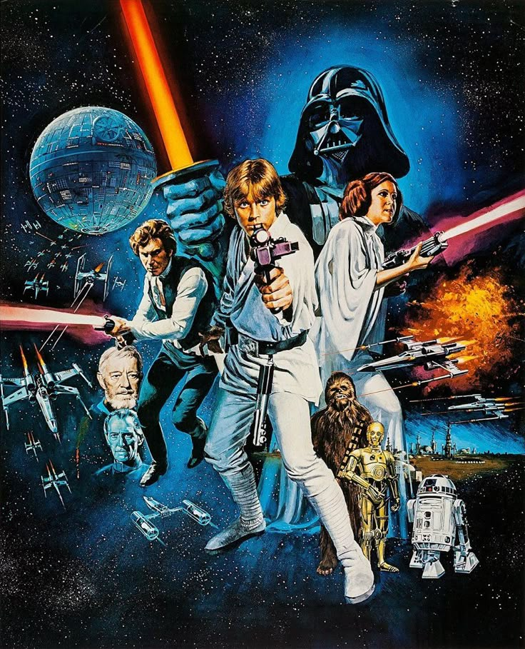 Pôster clássico de Star Wars com personagens como Luke Skywalker, Princesa Leia, Han Solo, Darth Vader, Chewbacca, C-3PO e R2-D2 em estilo retrô, ícone da cultura geek.