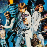 Pôster clássico de Star Wars com personagens como Luke Skywalker, Princesa Leia, Han Solo, Darth Vader, Chewbacca, C-3PO e R2-D2 em estilo retrô, ícone da cultura geek.